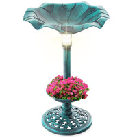 Beautiful Solar Lighted Pedestal Bird Bath w/ Planter, Integrated Panel