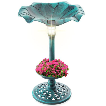 Beautiful Solar Lighted Pedestal Bird Bath w/ Planter, Integrated Panel