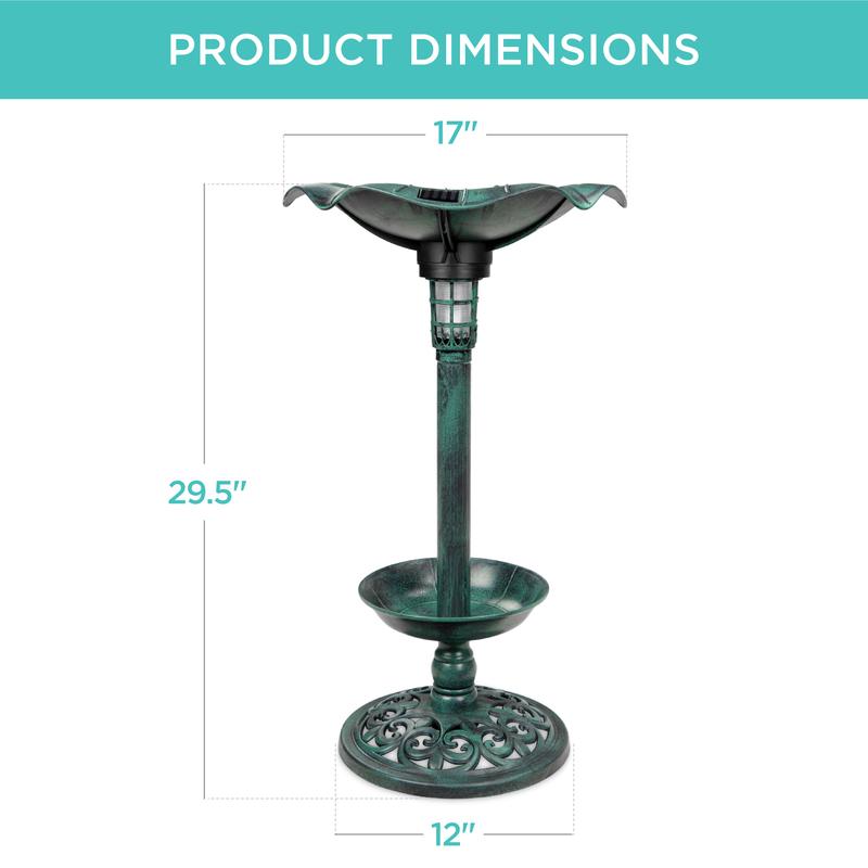 Beautiful Solar Lighted Pedestal Bird Bath w/ Planter, Integrated Panel