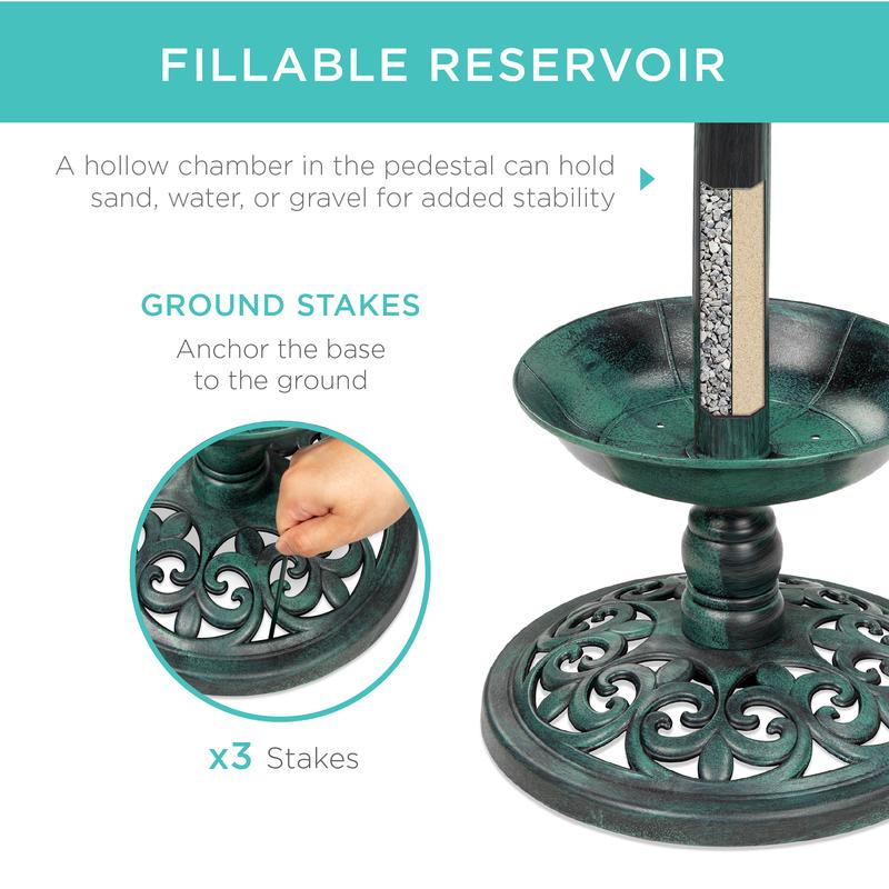 Beautiful Solar Lighted Pedestal Bird Bath w/ Planter, Integrated Panel