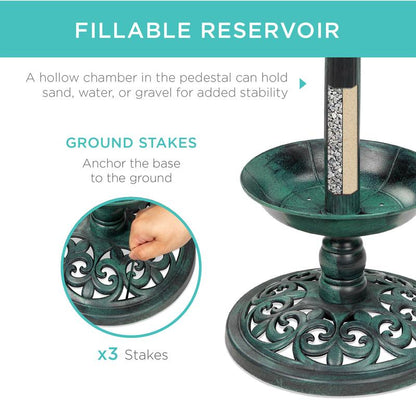Beautiful Solar Lighted Pedestal Bird Bath w/ Planter, Integrated Panel
