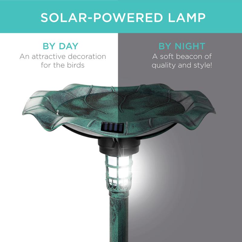 Beautiful Solar Lighted Pedestal Bird Bath w/ Planter, Integrated Panel