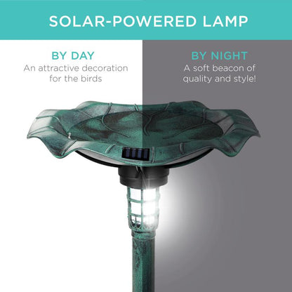Beautiful Solar Lighted Pedestal Bird Bath w/ Planter, Integrated Panel