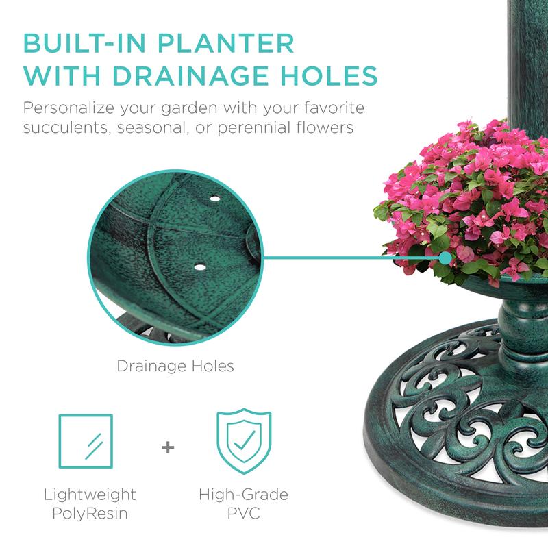 Beautiful Solar Lighted Pedestal Bird Bath w/ Planter, Integrated Panel
