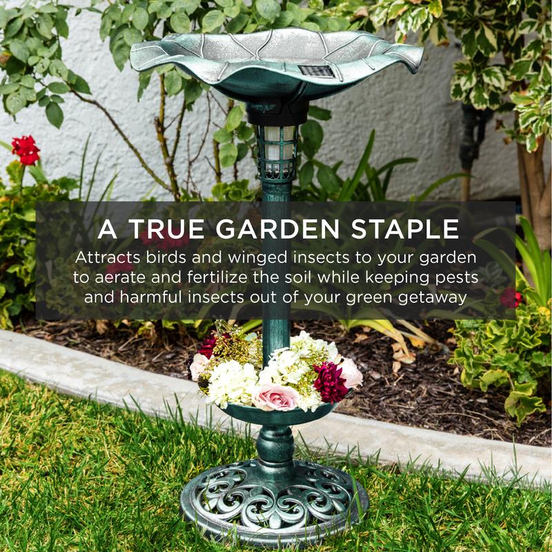 Beautiful Solar Lighted Pedestal Bird Bath w/ Planter, Integrated Panel