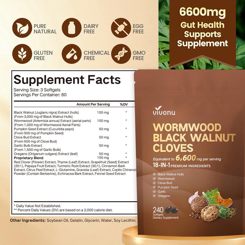 VIVONU Wormwood Black Walnut Cloves Capsules - Boost Metabolism & Enhance Energy